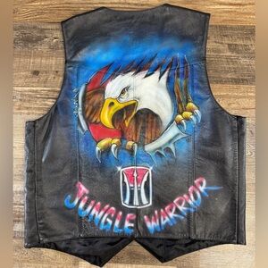Vintage FMC Black Leather Motorcycle Vest Eagle Airbrushed Jungle Warriors